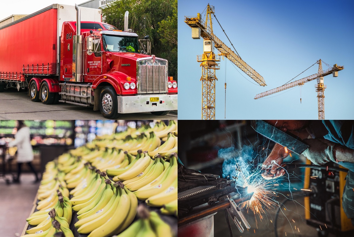 Cztery zdjęcia przedstawiające cztery różne branże: logistyczną, spożywczą, budowlaną i spawalnictwo