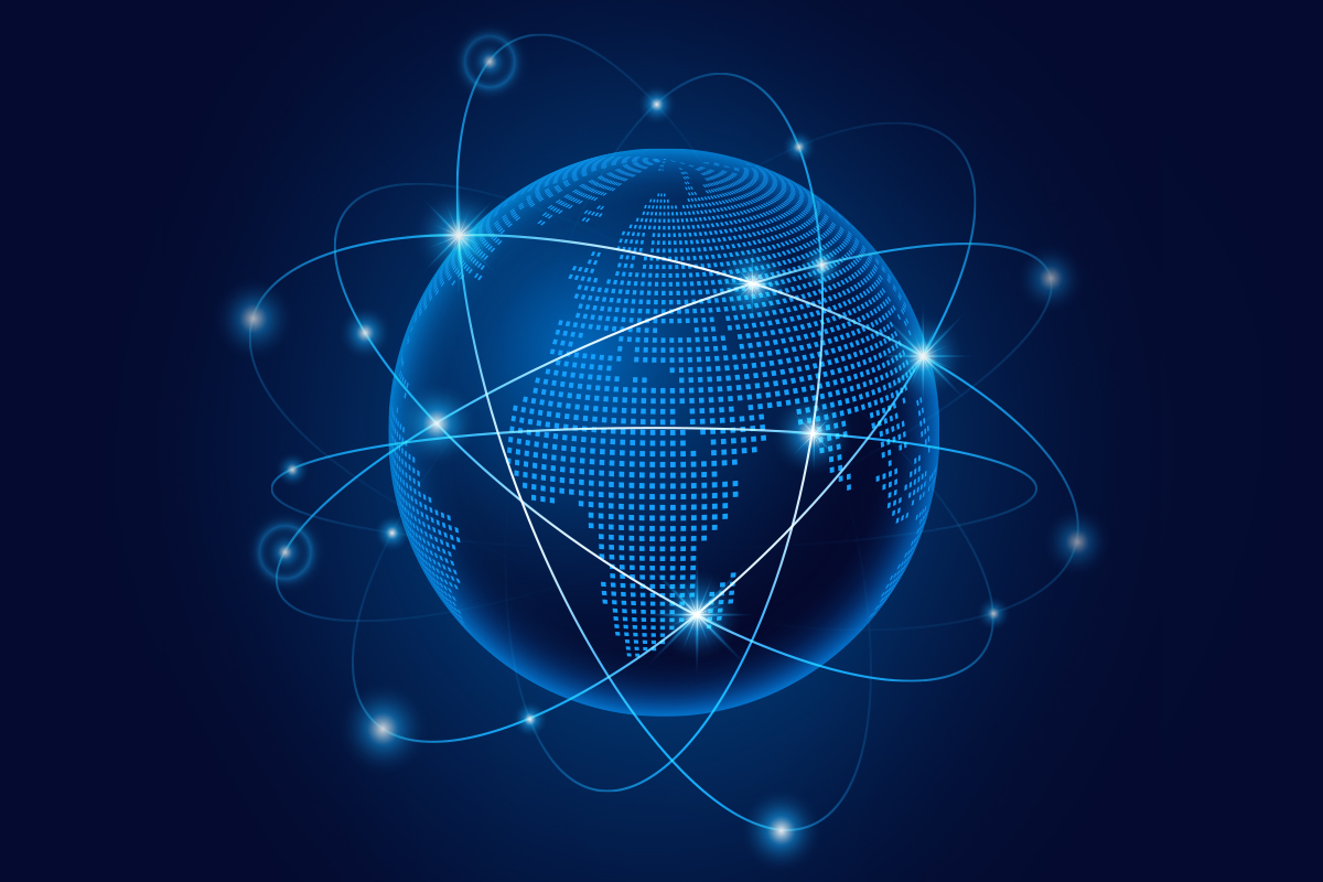 Rysunek kuli ziemskiej z licznymi gwiazdami na orbitach