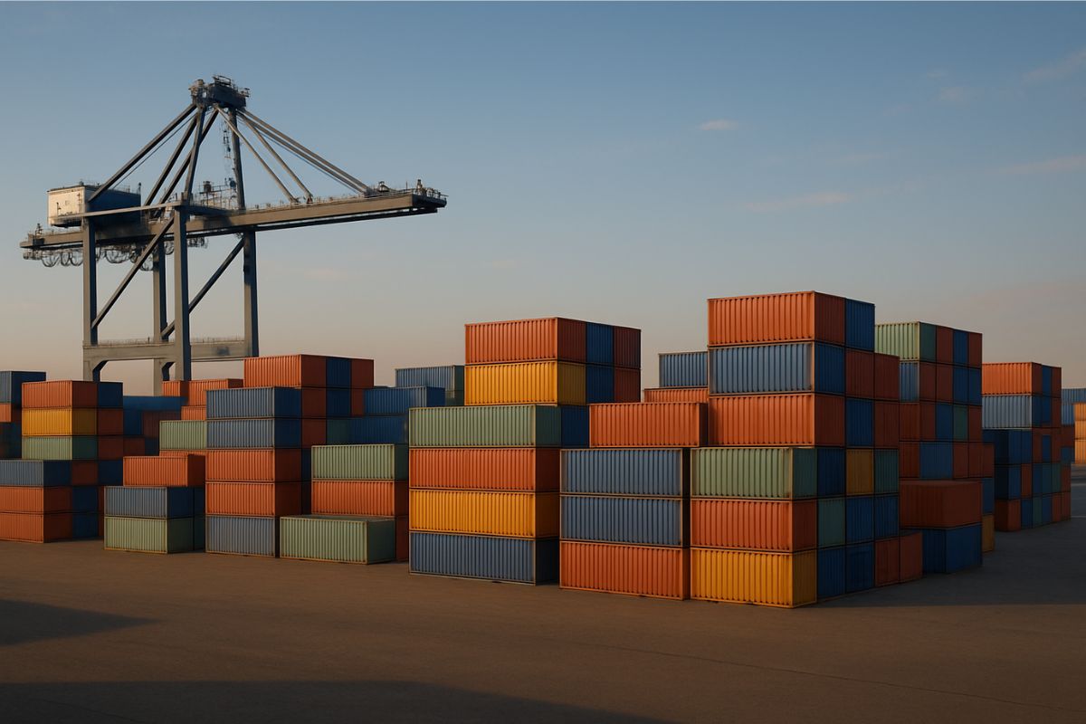 kontenery na tle ciemniejącego nieba