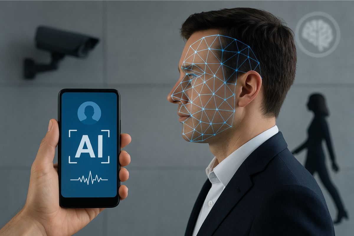 Telefon z napisem AI w dłoni i mężczyzna z profilu, z twarzą w wizualizacje sieci lub skanowania (kreski i kropki połączone w pajęczyne)