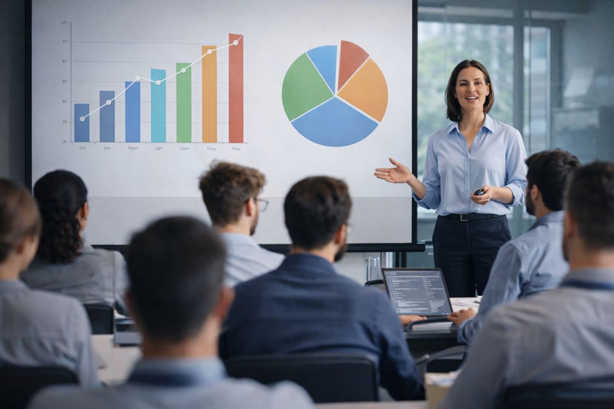 kobieta pokazująca na prezentację przed grupą ludzi