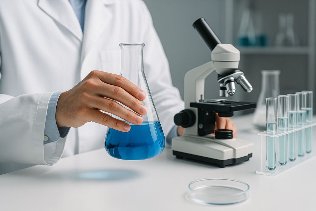 mikroskop oraz fiolki stojące na stole za którym osoba w kitlu trzyma zlewkę