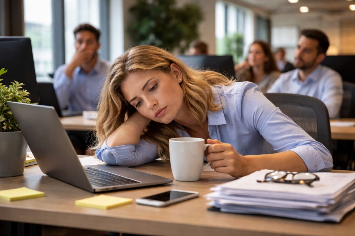 kobieta opierająca się na biurku z kawą w ręku