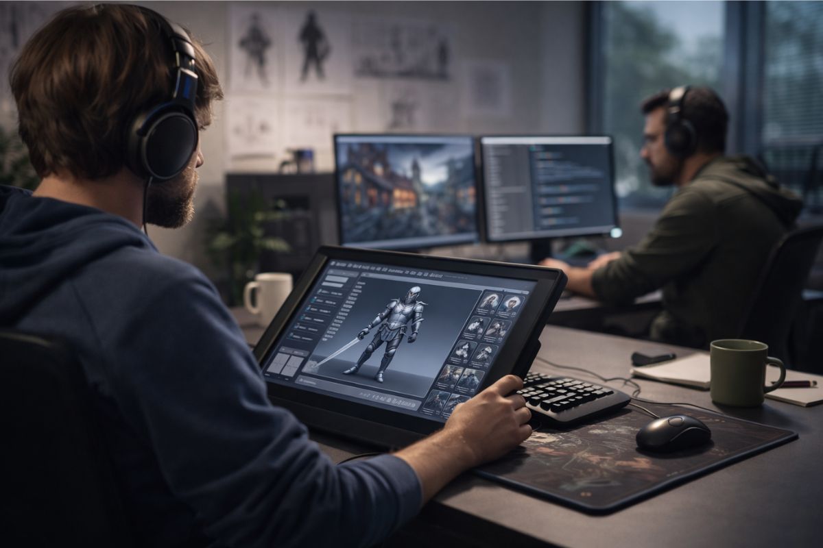 mężczyźni siedzący przed komputerami projektujący gry