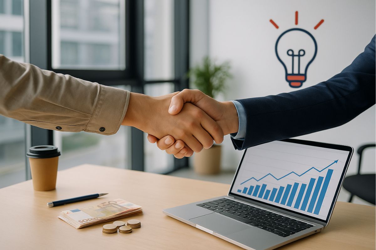 laptop widoczny na biurku a nad nim dwie osoby podające sobie ręce