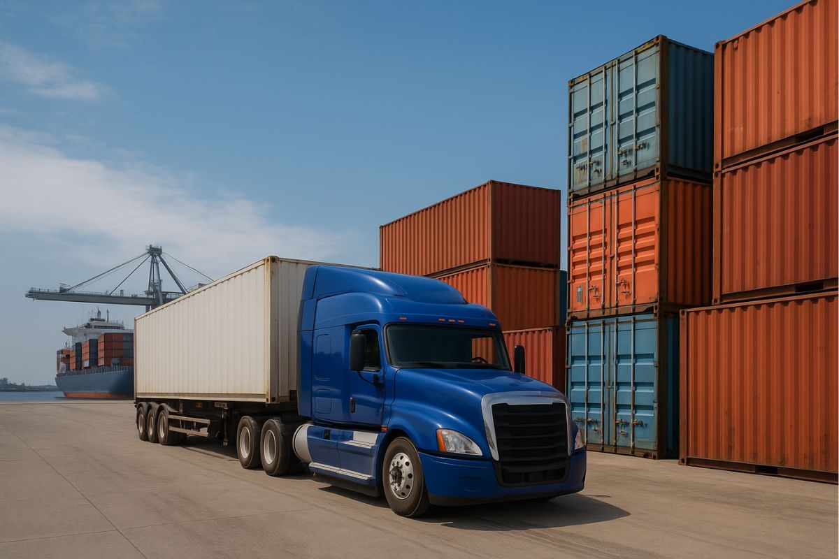 ciężarówka na tle kontenerów