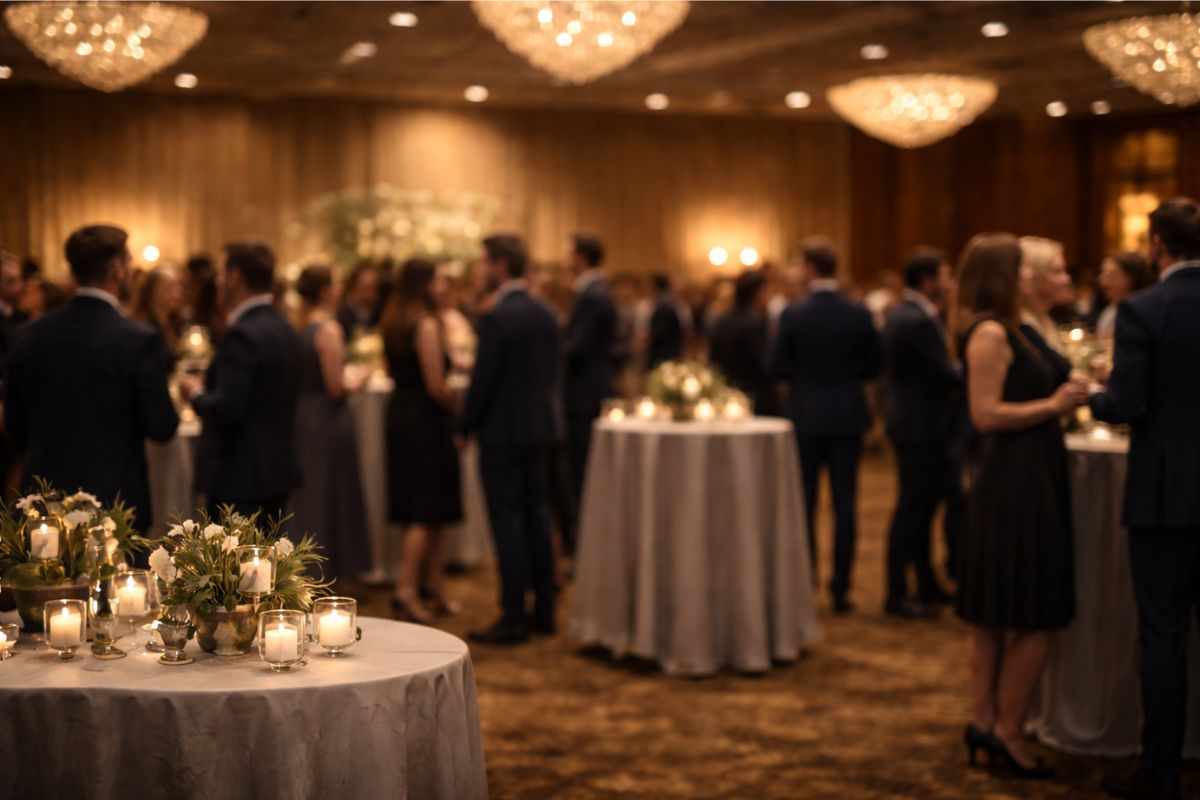 sala bankietowa oświetlona, wypełniona ludźmi