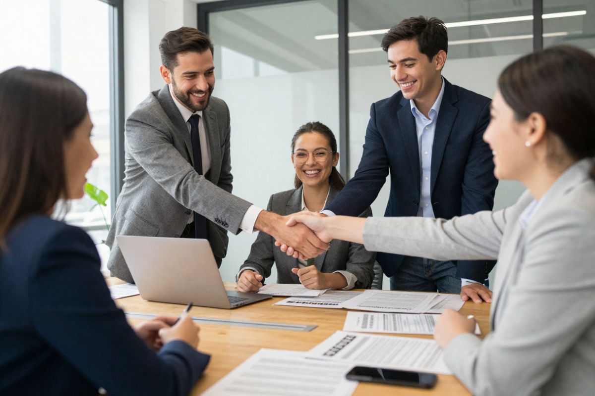 Zespół uśmiechniętych kobiet i mężczyzn w biurze