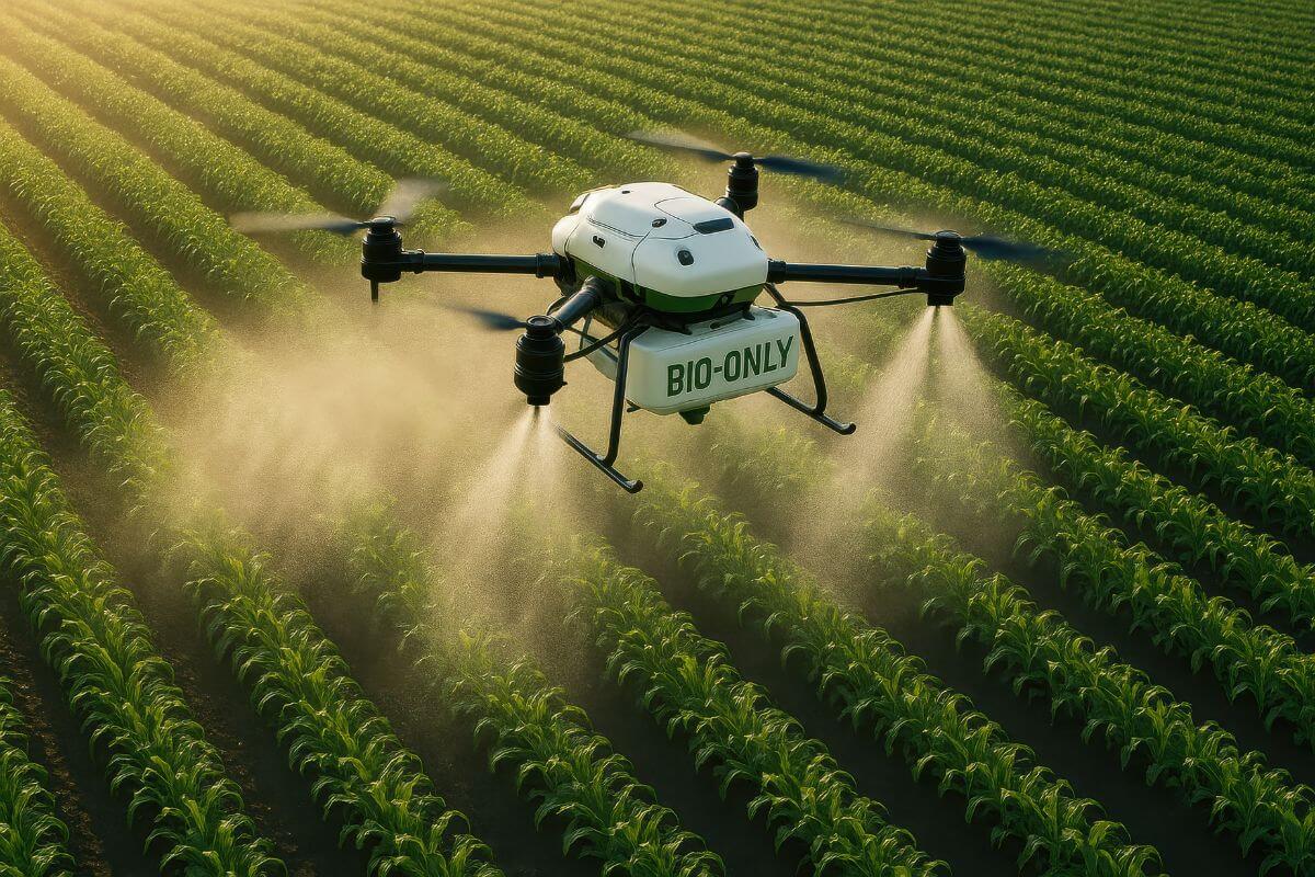 dron opryskujący pole z kukurydzą