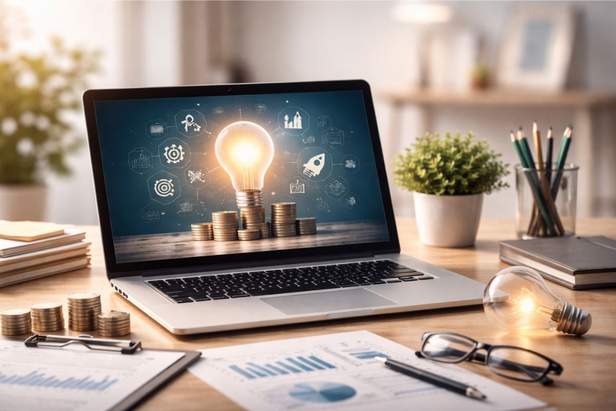 komputer z żarówką na ekranie na biurku