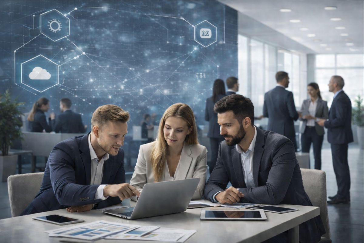 ludzie siedzący przy biurku, w tle rozmawiają grupki osób