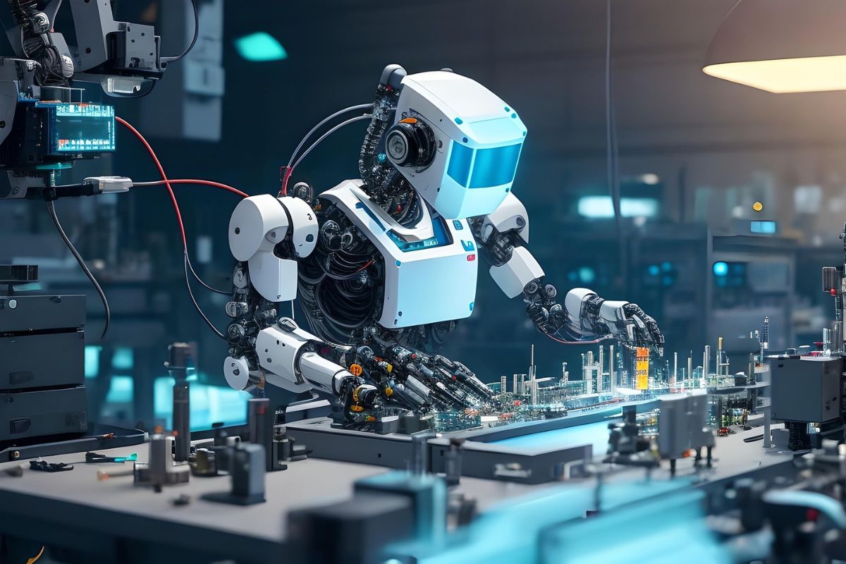 Robot pracujący na jakimś urządzeniu z przyciskami
