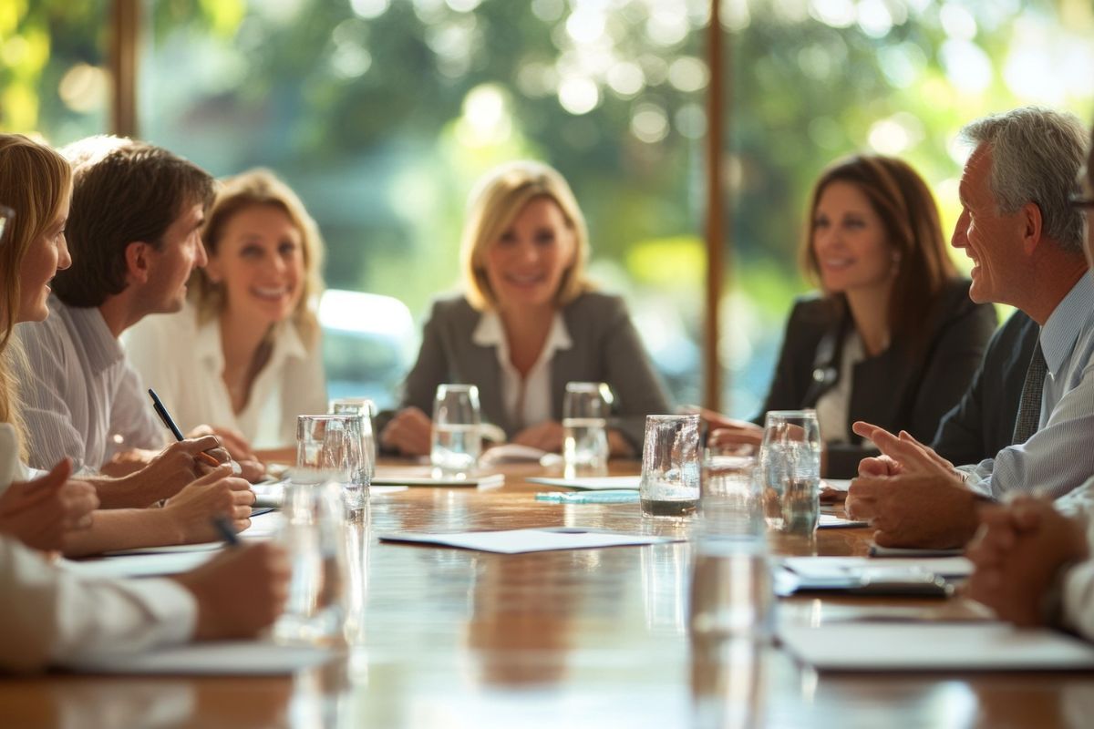 Kobiety i mężczyźni siedzący przy stole konferencyjnym