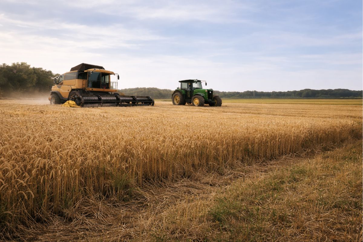 traktor i kombajn na polu pszenicy