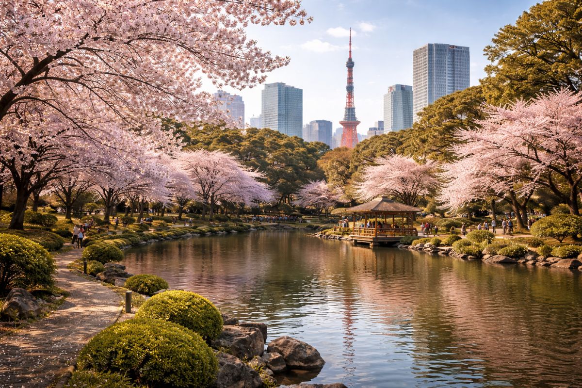 widok na park z drzewami wiśniowymi i miasto
