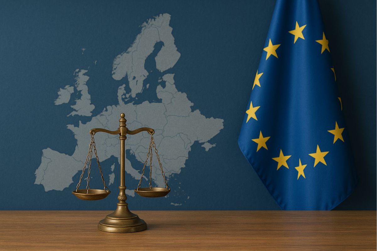 waga na tle flagi Unii Europejskiej i mapy Europy